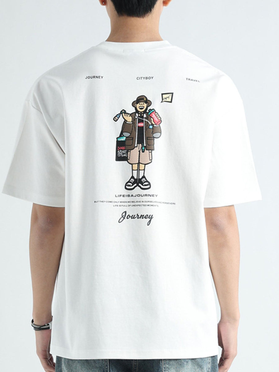 White cotton t-shirt with graphic print of a traveler and text details on back.