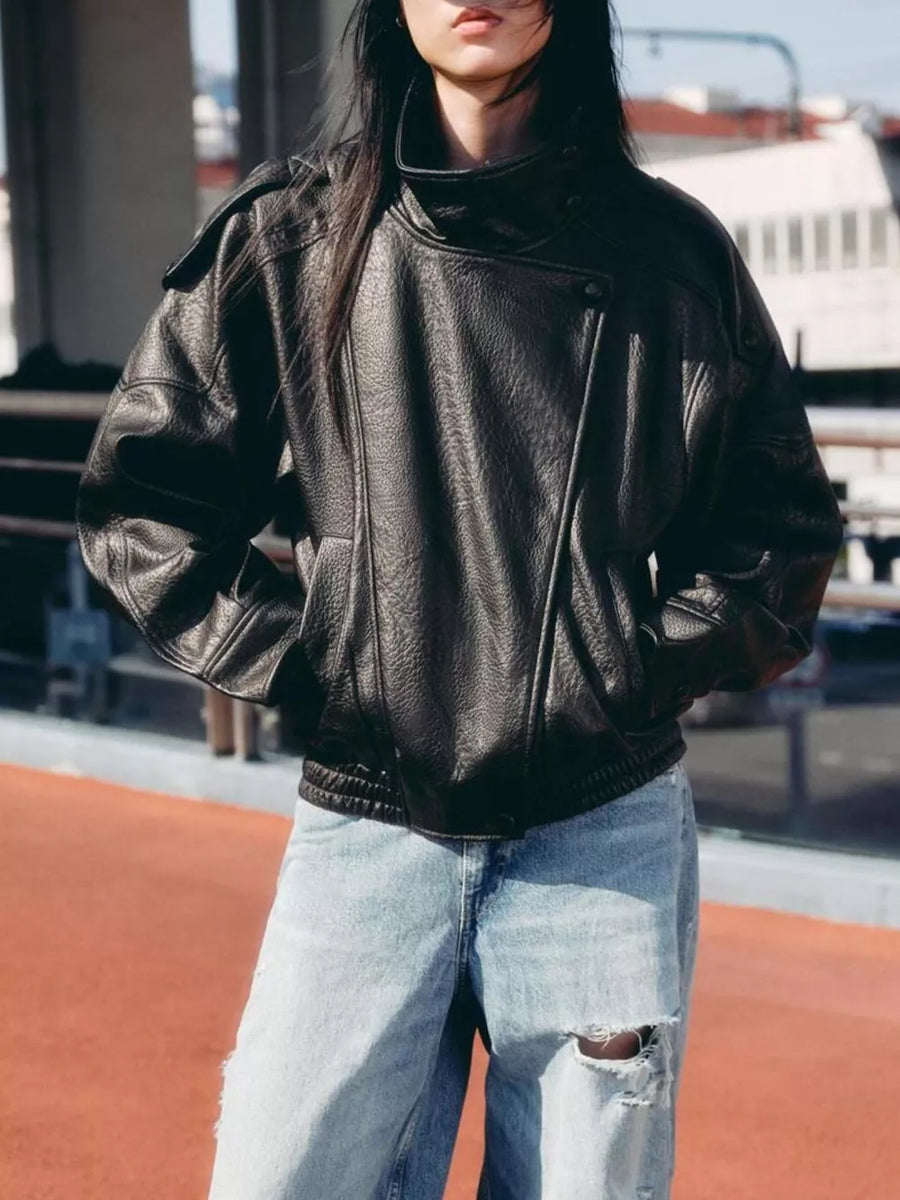 Brown Zip-up Faux Leather Moto Jacket