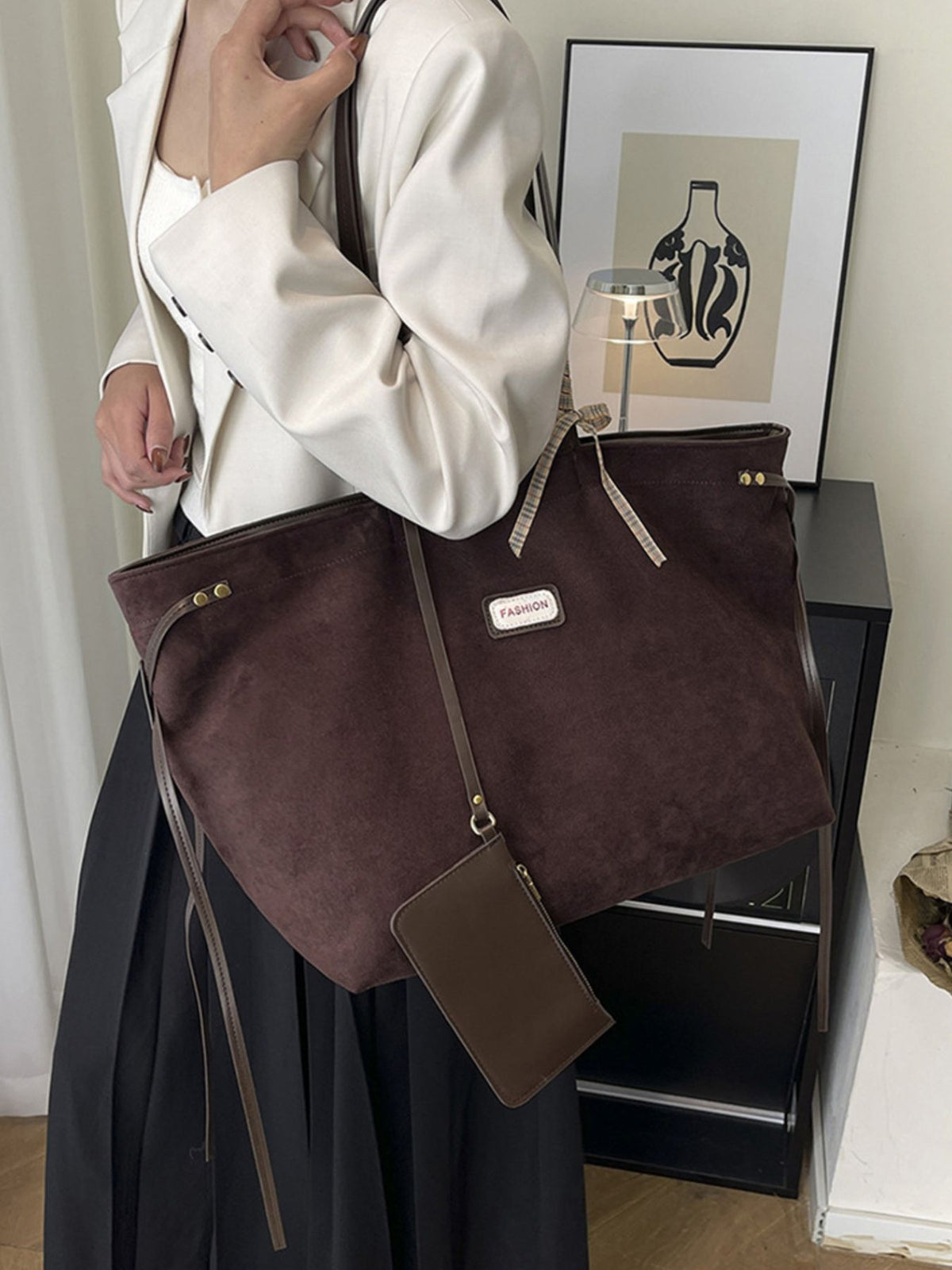 Suede Imported Size &amp tote in dark brown with boxy silhouette