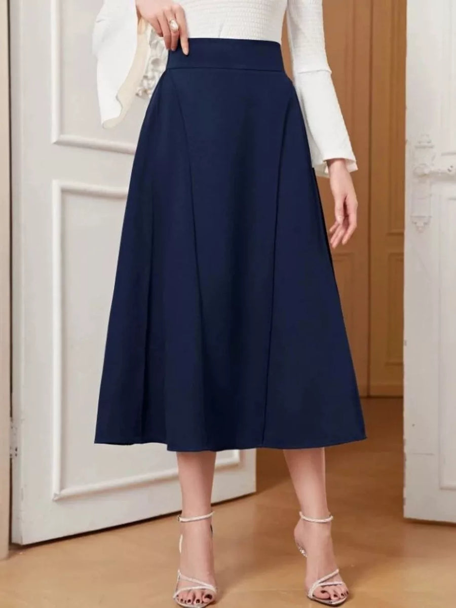 Elegant navy high-waisted midi skirt with a flared A-line cut.