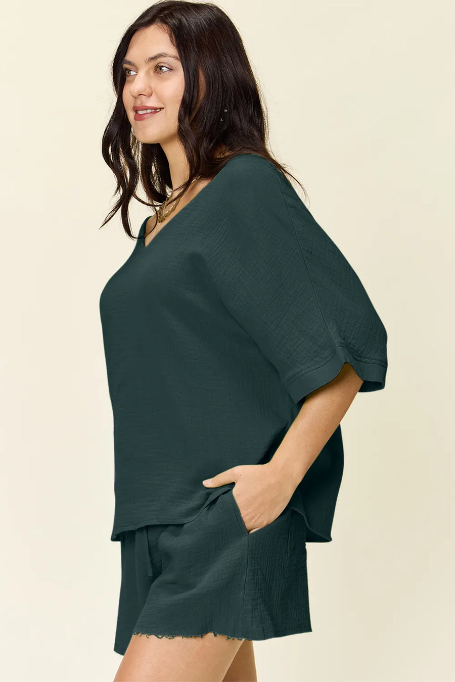 Deep Teal textured cotton half sleeve top and drawstring shorts set with frayed hem shorts