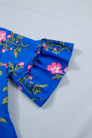 Blue tiered floral cotton dress with ruffled short sleeves
