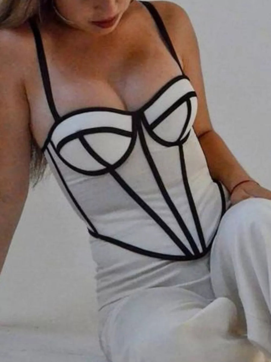 Corset Cami With Contrasting Trim in Black And White Strips, view 11
