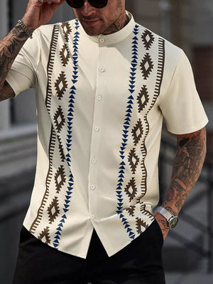 cream button-up shirt with geometric and mandarin collar