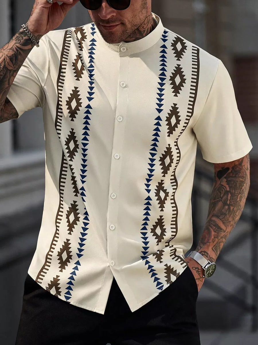 cream button-up shirt with geometric and mandarin collar