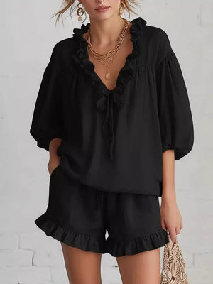 Black two-piece set with ruffled and 3/4 sleeve