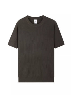 Men's dark brown ribbed knit t-shirt with relaxed fit and crew neck.