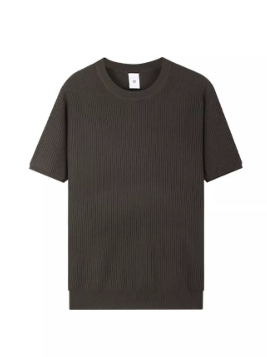 Men's dark brown ribbed knit t-shirt with relaxed fit and crew neck.