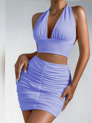 Light Blue bodycon two-piece set with halter