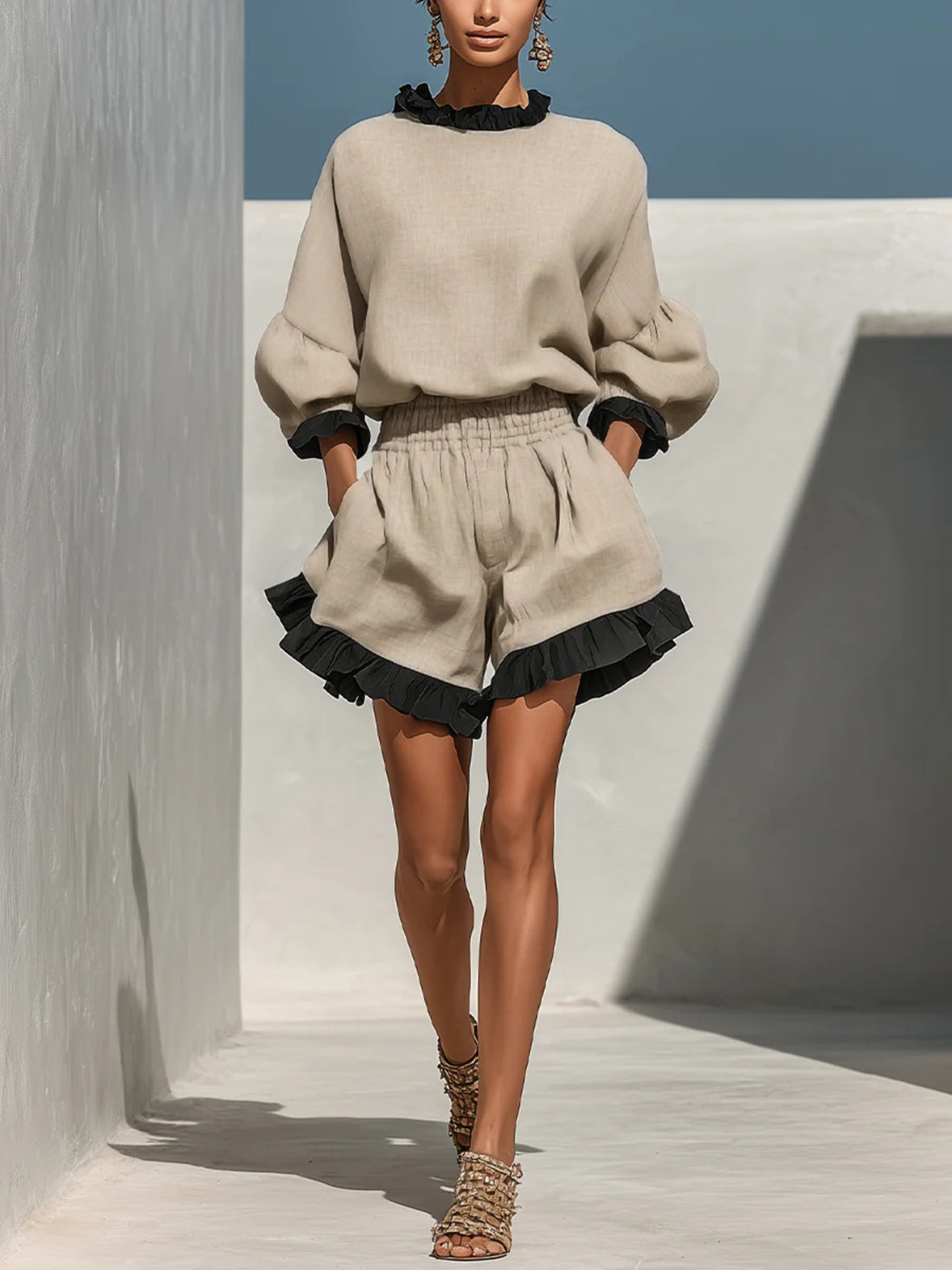 lounge set in oatmeal featuring frill and relaxed fit