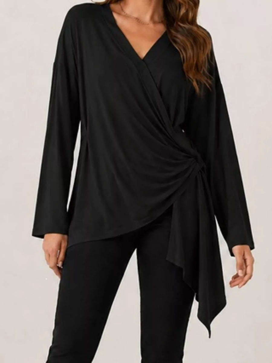 Burgundy wrap top with twisted and long sleeve