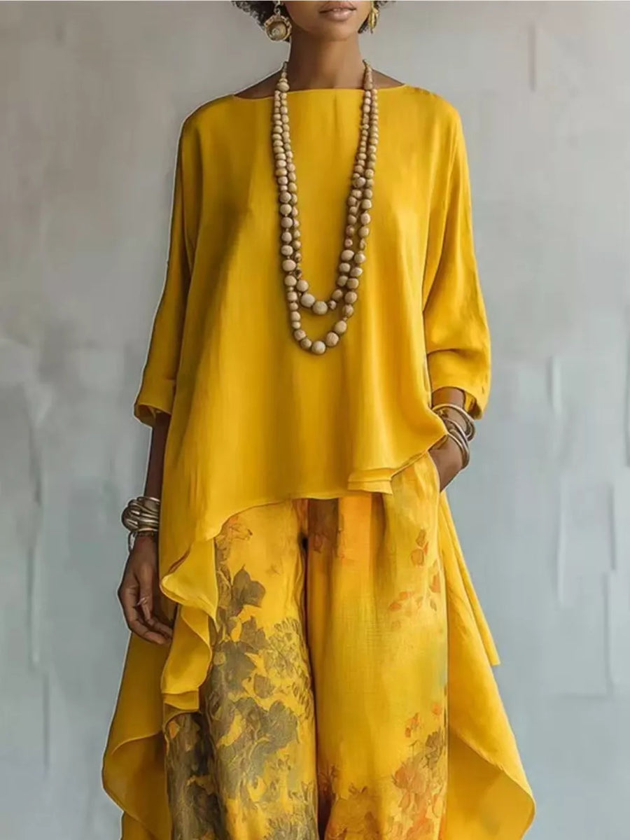 Asymmetrical Hem Top And Floral Pants Set in Sky Blue