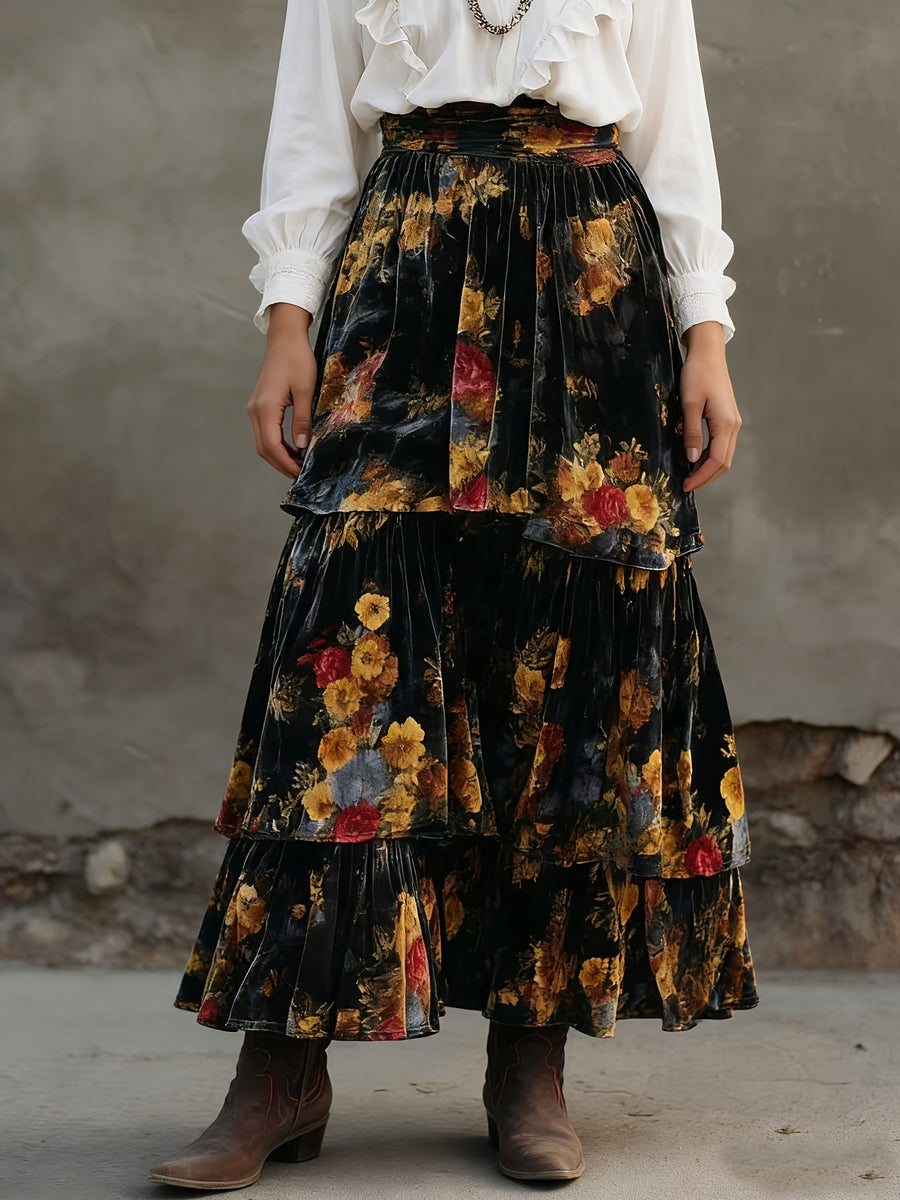 golden yellow maxi skirt featuring tiered and floral