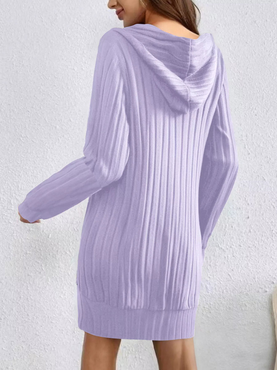 Women's purple ribbed knit hoodie dress with long sleeves and a hood.