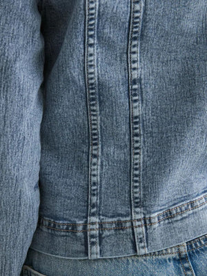 Button-down denim jacket with seam detailing and a collarless neckline.
