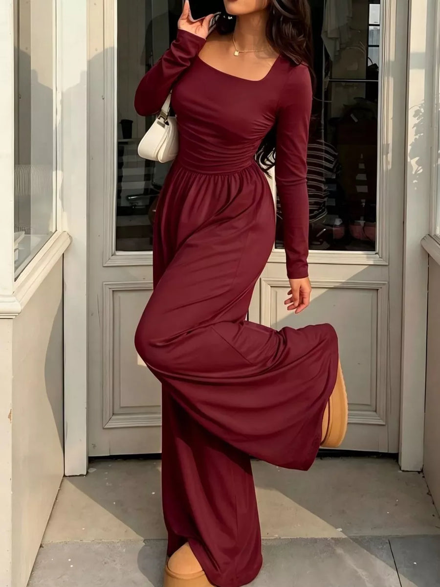 Ruched Square Neck Wide-leg Jumpsuit in Brown, view 17