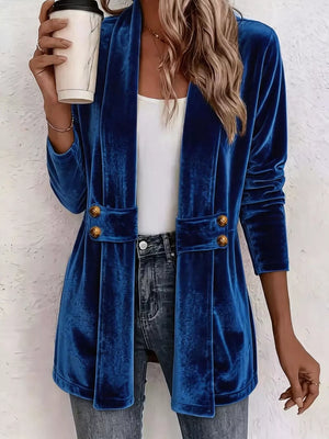 cardigan in royal blue featuring decorative buttons and relaxed fit
