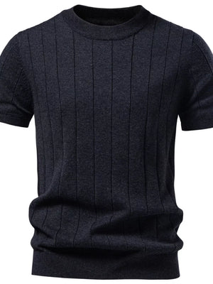 Men's black ribbed knit sweater with vertical stripes and crew neck.