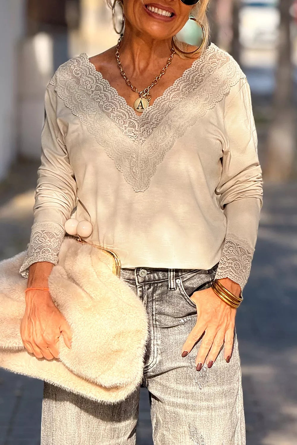 Lace Trim V Neck Long Sleeve Patchwork Shirt