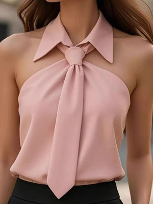 Halter Neck Sleeveless Tie-Front Top in Dark Blue