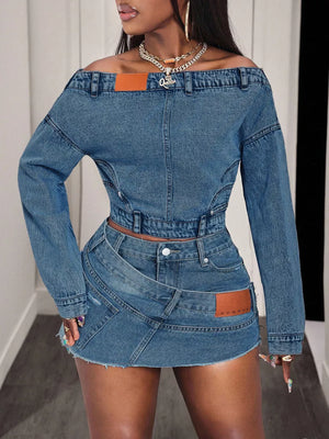 85% cotton, 15% polyester Care instructions: Machine wash cold off-shoulder top in medium blue with fitted silhouette