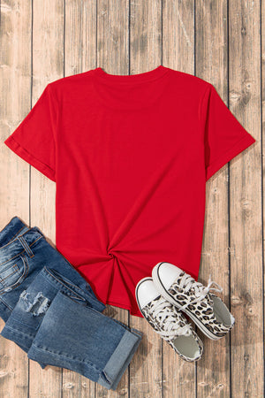 Red short sleeve t-shirt with a twisted hem detail.