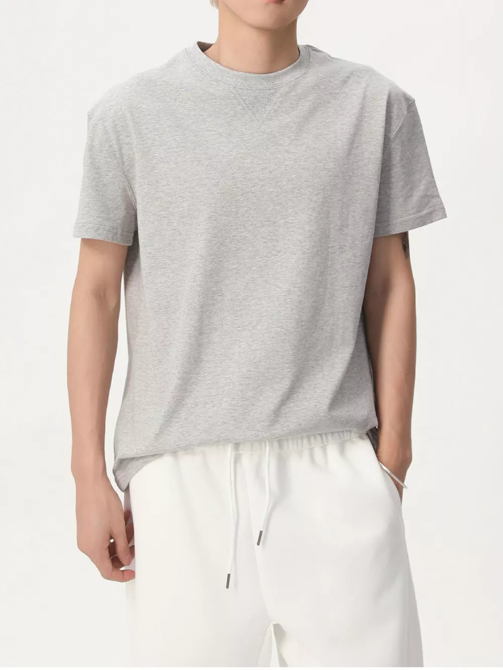 Classic round neck casual tee in Hemp Ash cotton spandex with short sleeves and a relaxed fit.