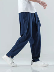 Men's navy relaxed fit casual pants with tie waist detail