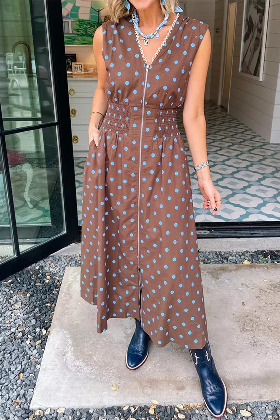 Brown polka dot midi dress with zipper and smocked waist