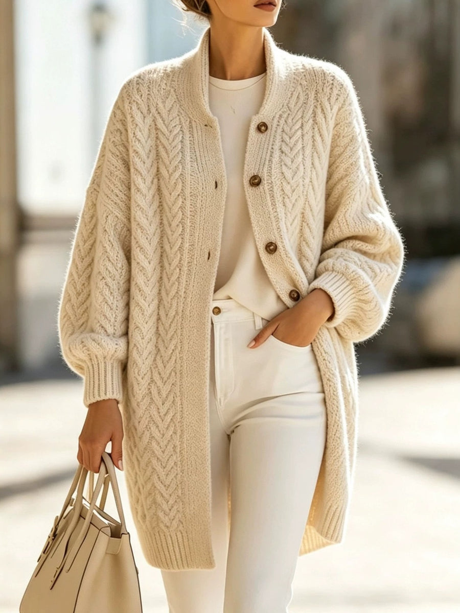 ivory cardigan with cable knit and collared
