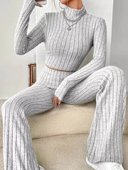 Ribbed Turtleneck Crop Top And Flare Pants Set in Green