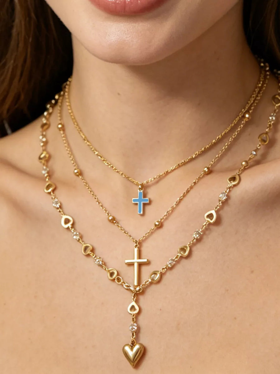 18k Gold-plated Layered Cross And Heart Necklace in Gold