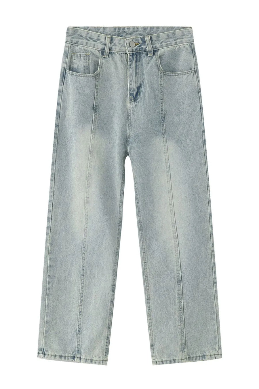 Light wash denim jeans with vertical seam detail and straight leg cut.