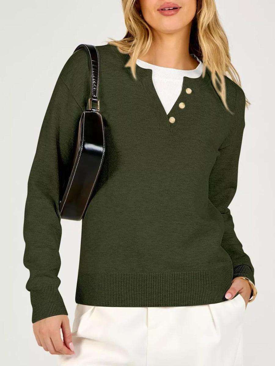 Navy relaxed pullover sweater with henley