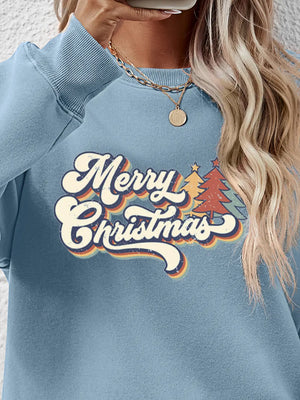 Festive Message Round Neck Sweatshirt in Misty Blue with Merry Christmas graphic and trees
