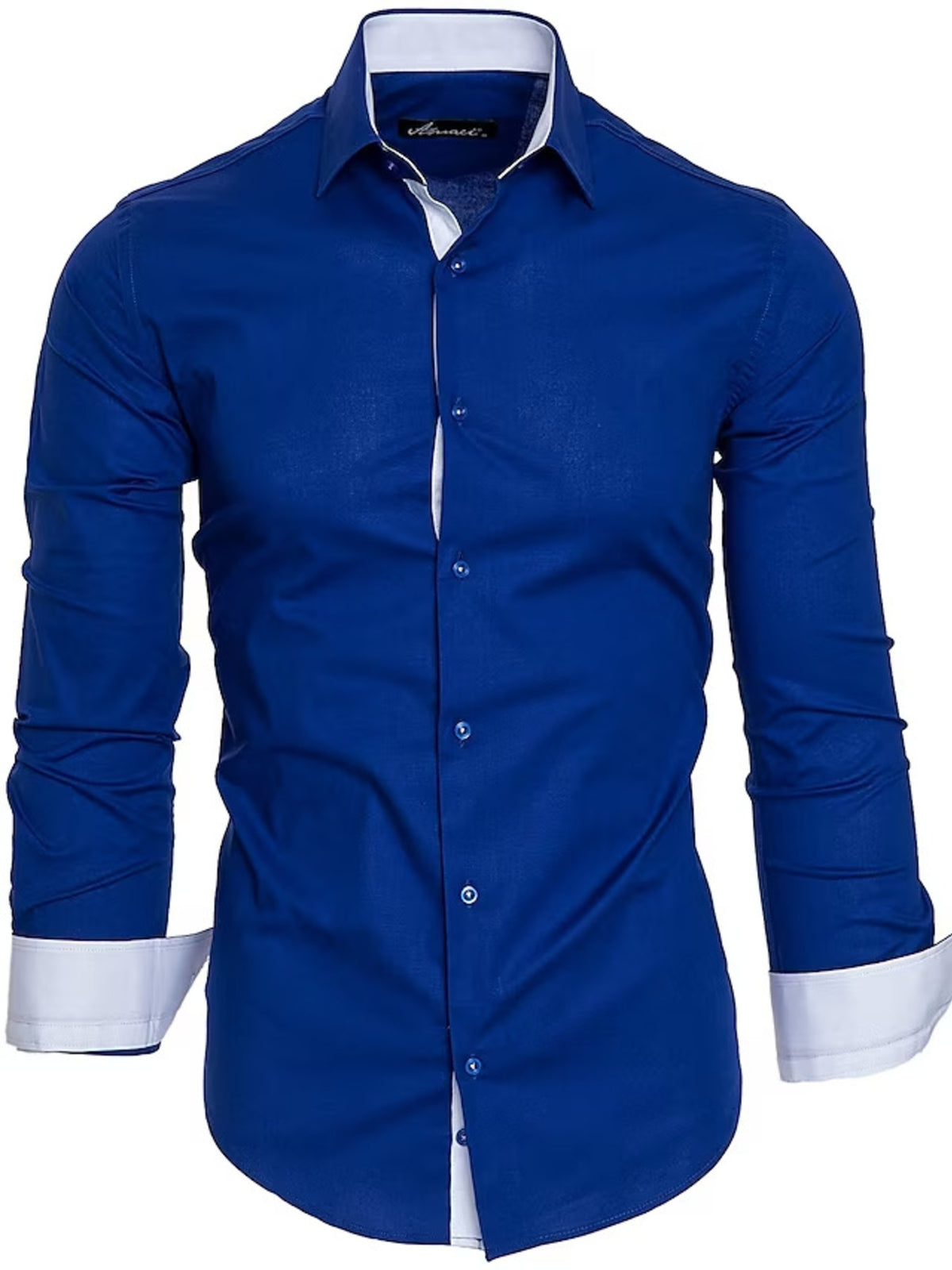 Men's Royal Blue slim fit cotton blend shirt with white contrast trim collar and cuffs.