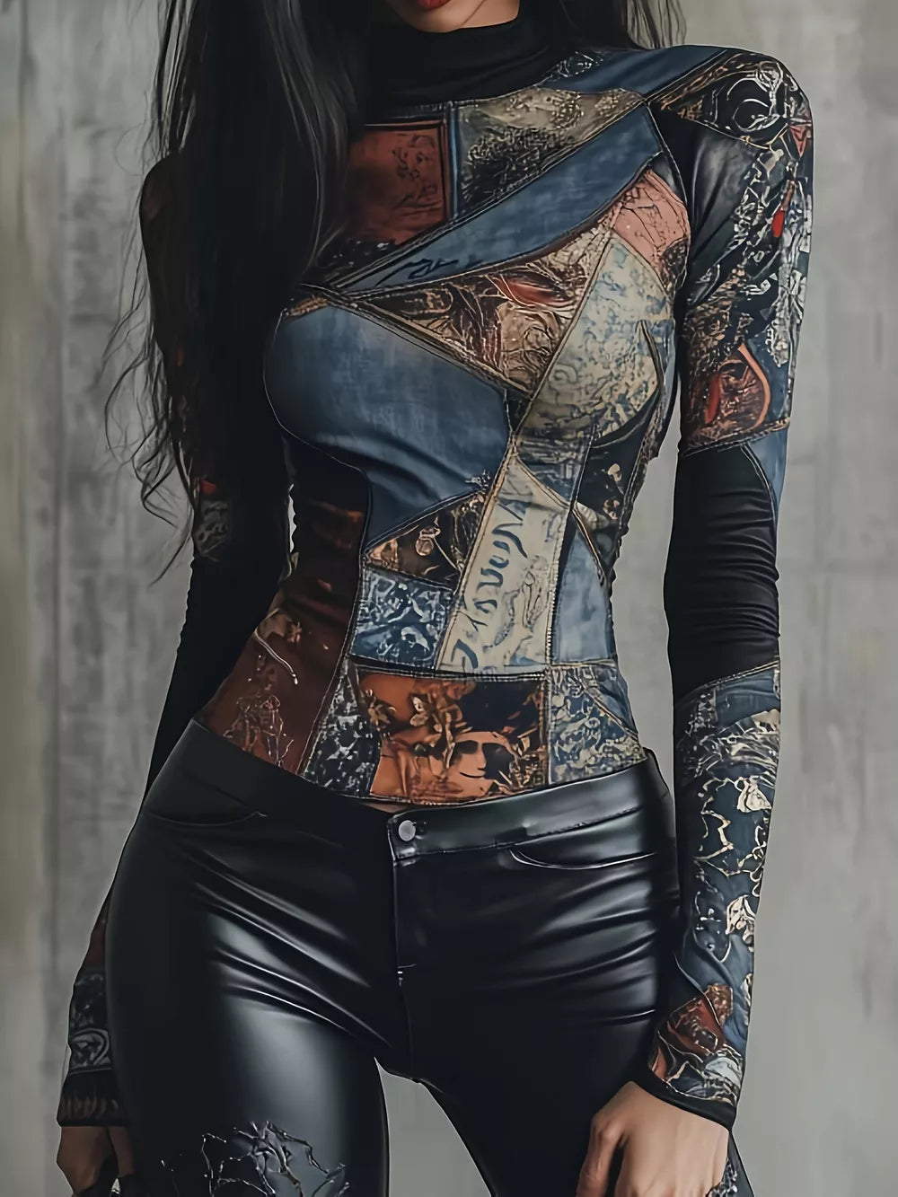 dark blue t-shirt with patchwork and mock neck