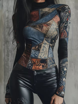 dark blue t-shirt with patchwork and mock neck