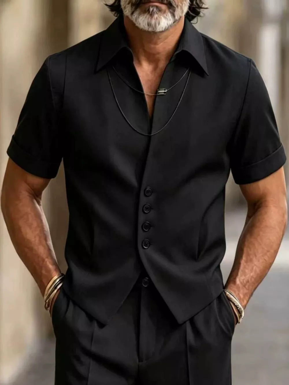 button-down shirt in black featuring collared and slim fit