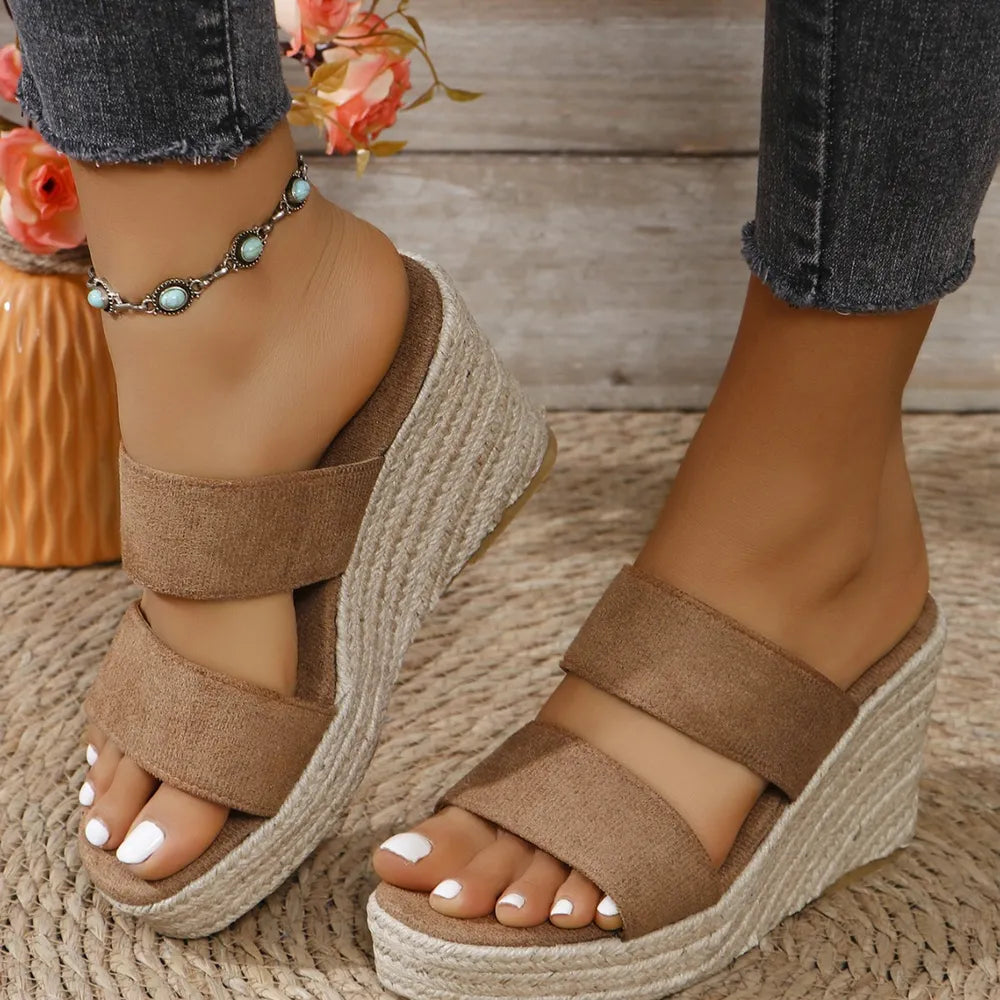 Camel rope-wrapped platform slides with double band straps.