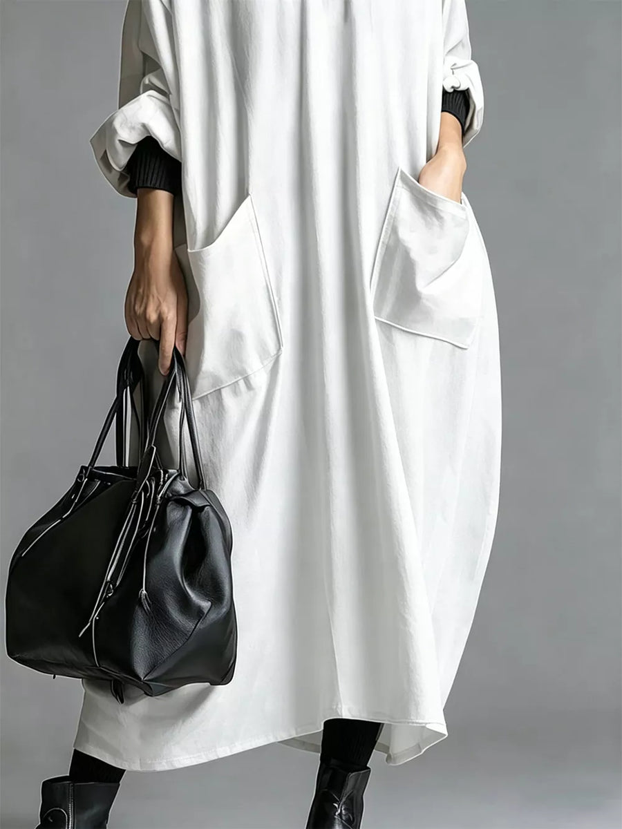 Loose-fit Mock Neck Midi Dress With Pockets in dark brown with oversized
