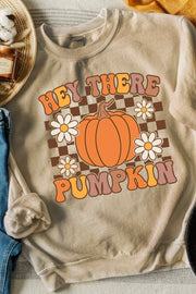 Khaki crewneck sweatshirt with retro "Hey There Pumpkin" graphic and checkerboard detail.