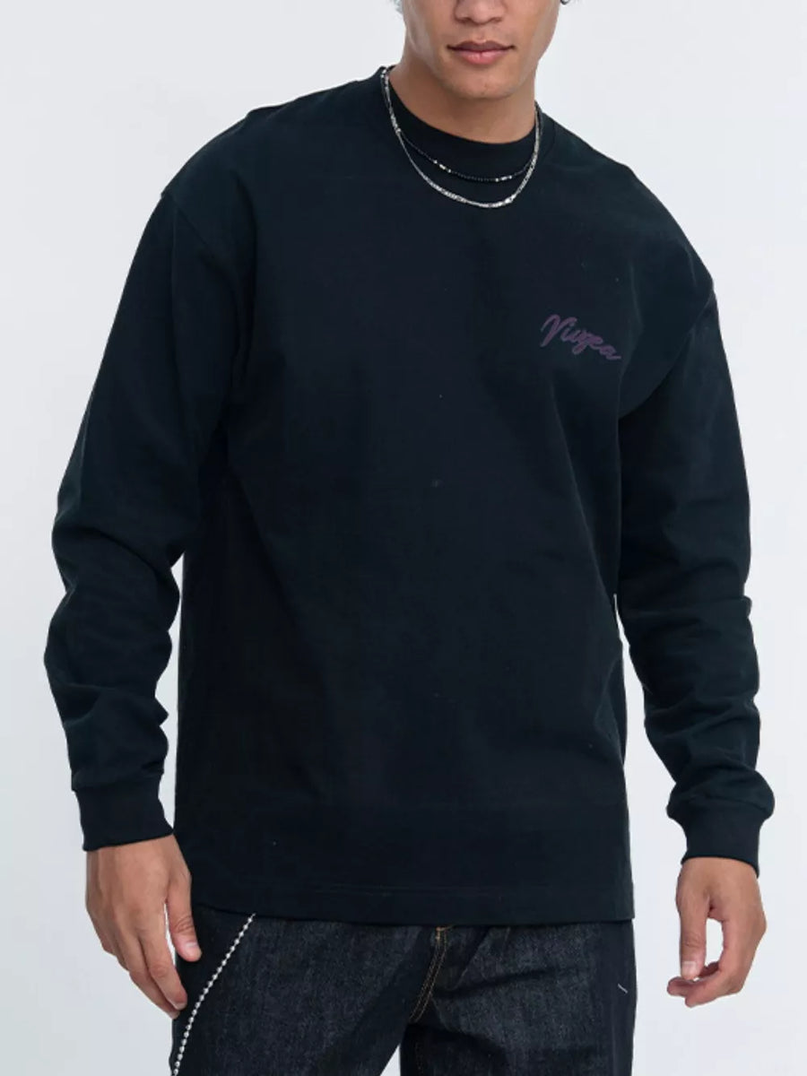 Black long sleeve t-shirt with purple script logo on chest, crew neck, relaxed fit
