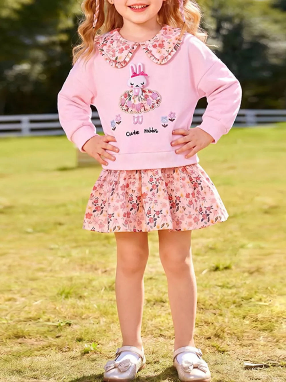 light pink sweatshirt dress with ditsy floral and peter pan collar