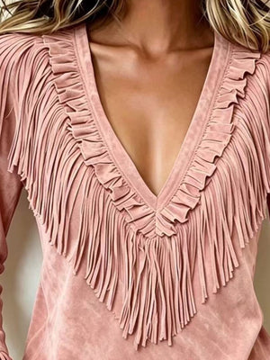 Fringed V-Neck Blouse in Brown with fringed