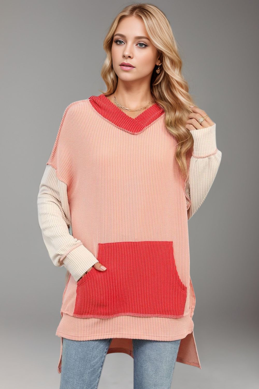 Colorblock waffle knit hoodie with front pocket and v-neck