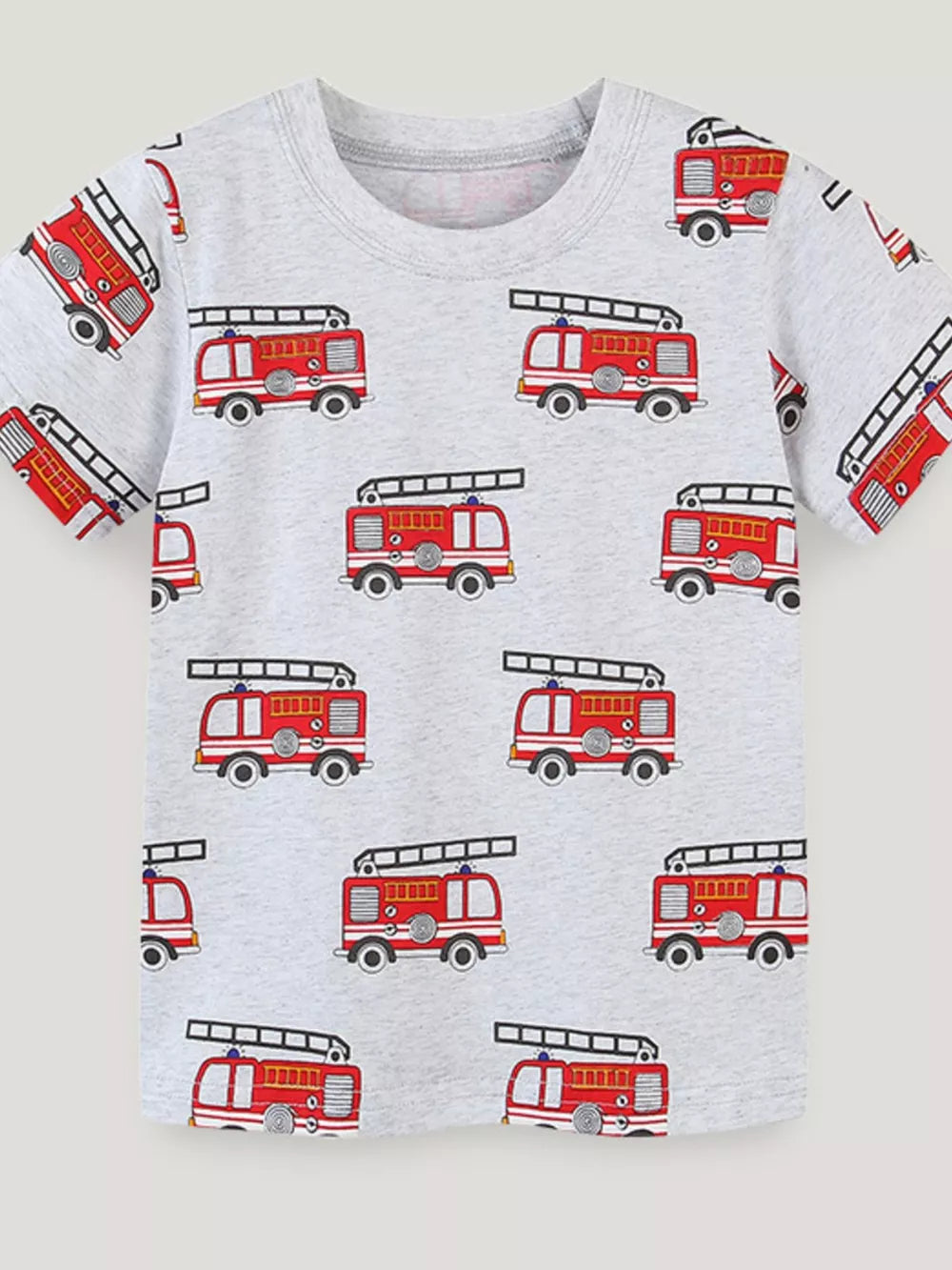 Grey t-shirt with all-over red fire truck print, crew neck, short sleeves.