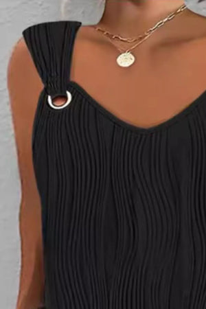 Black textured mini dress with V-neck and ring detail on strap.