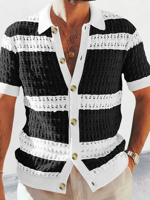 Striped crochet polo shirt with button front and collar, black and white.