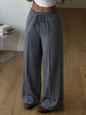 High-waisted Wide-leg Drawstring Pants in Dark Gray
